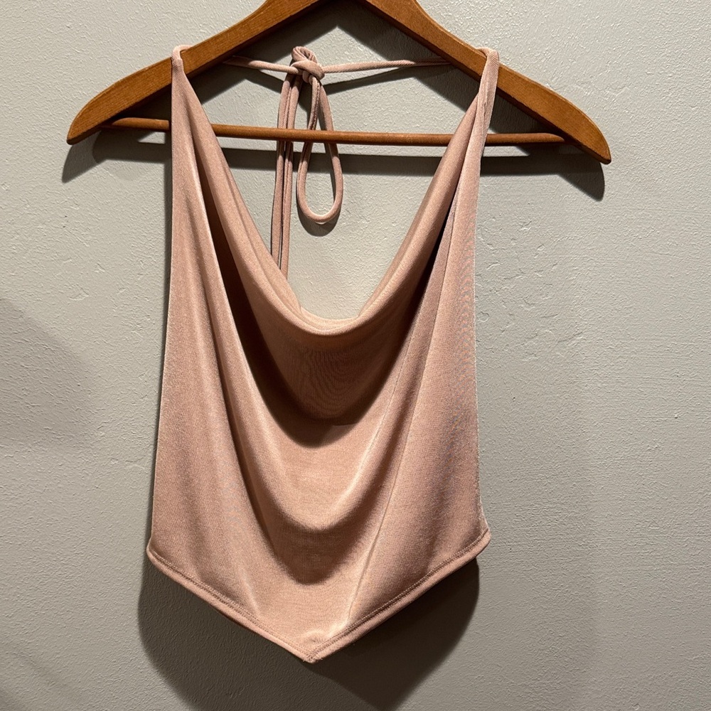 7 Day Weekend Nude Halter Top Draped Front Tie Open Back Triangular Top Blouse